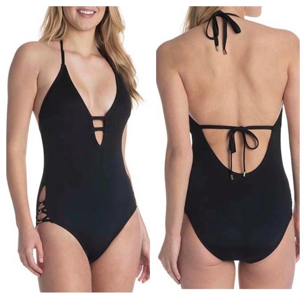 Laundry By Shelli Segal Flirty Black Strappy Plunge One Piece Swimsuit S NWOT